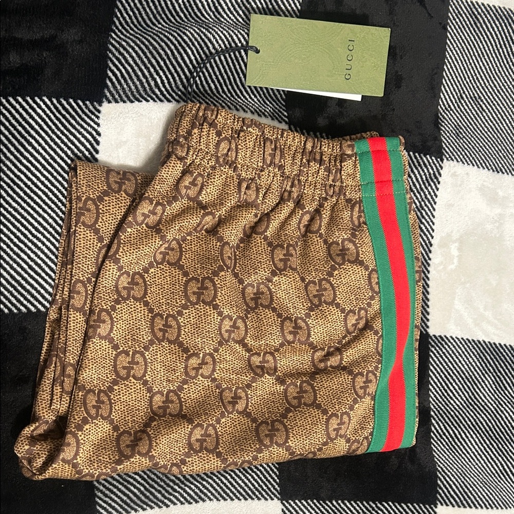 Gucci Brown/Tan Track Shorts with Green & Red Web Stripe